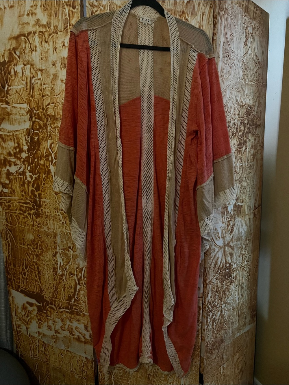 Lightweight Coral Kimono with Beige Trim